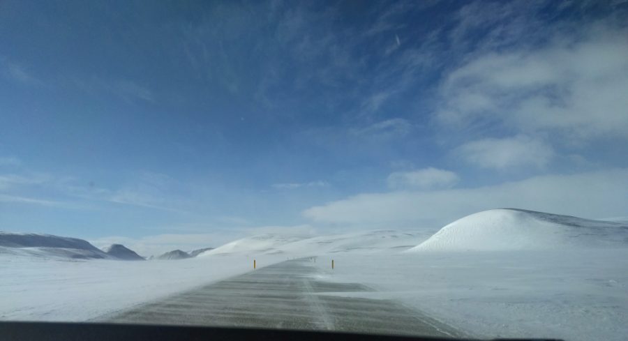 the road to Myvatn covered with snow.